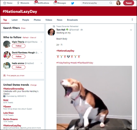 Screen capture of #NationalLazyDay trend window on Twitter with a list of Tweets on the topic.