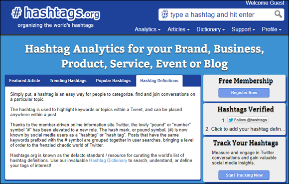 Screen capture of www.hashtags.org home page with options for analytics, articles, dictionary, support, and profile on hashtags.