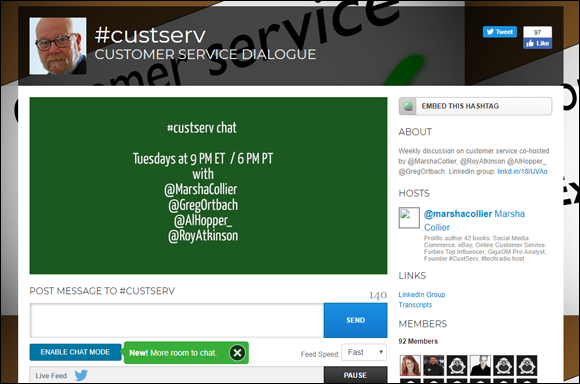 Screen capture of Twubs page for our #custserv chat with message box, About, Hosts, Links, and Members.