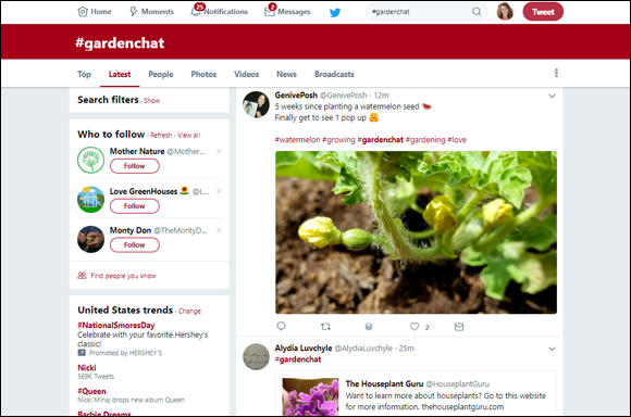 Screen capture of search for #gardenchat window in Twitter with a list of Tweets for Latest selected from a tab.
