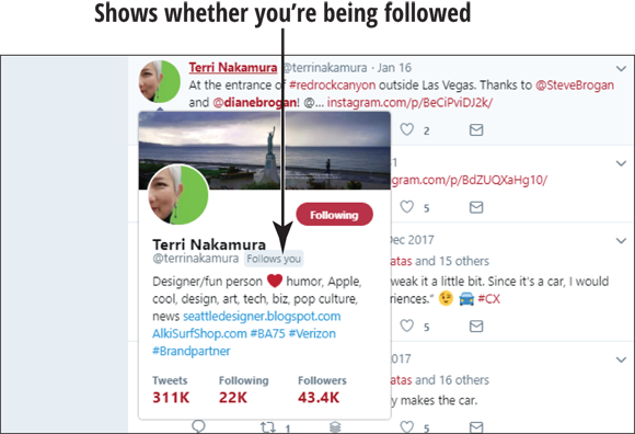 Screen capture of a Tweet by Terri Nakamura with a dialog of her Twitter page with the notification Follows you in gray near the Twitter handle, which shows whether you are being followed.