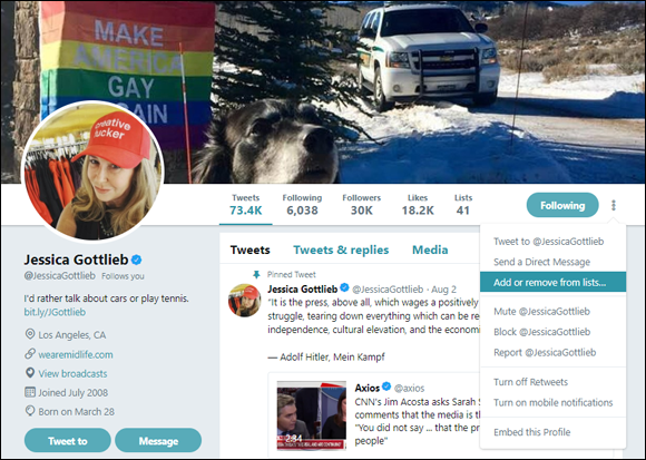 Screen capture of Jessica Gottlieb’s Twitter account with the word Following to the right of the profile summary, and the three vertical dots next to it with a drop-down list with an Add or Remove from Lists option.