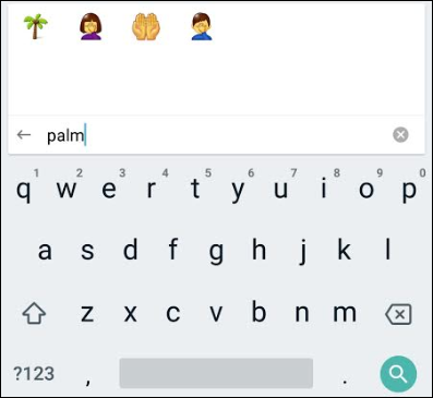 Screen capture of a keypad with the words palm typed in and list of suggested emojis at the top including a palm tree.