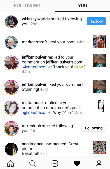 Screen capture of a tab in the Instagram app with a list of Instagram accounts that have liked your posts, commented, or followed you.