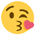 Digital capture of an emoji of Face blowing a kiss with pouted lips on an outline of a face pointing right toward a small heart with the right eye winking.