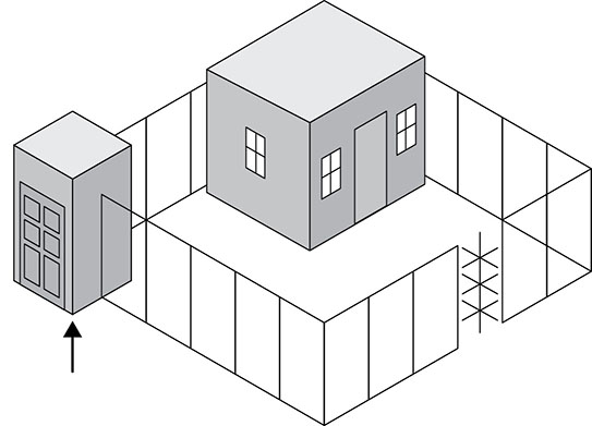 Diagram shows fenced area with building which has door and windows in one corner and building with door where only half of it is inside fence.