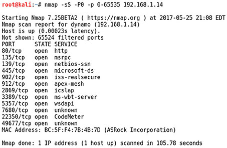 Window shows commands such as host is up (0.00023s latency), not shown: 65524 filtered ports, et cetera, and table shows columns for port, state, and service and rows for 80/tcp, 135/tcp, 139/tcp, et cetera.