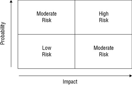 Graph shows impact versus profitability where four boxes are drawn labeled moderate risk, high risk, low risk, and moderate risk.