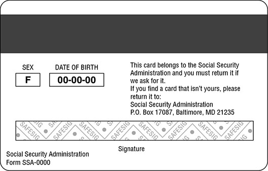 Diagram shows back of sample card with columns for sex and date of birth on left and description on right below black strip on top.