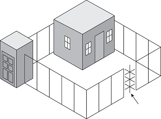 Diagram shows house placed in enclosed area with security block on left and gate on right.