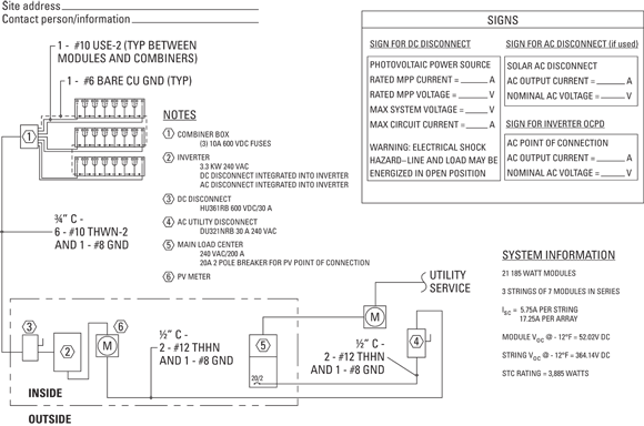 Illustration of a one-line drawing that is used to obtain residential electrical permits displaying information such as conductor lengths, voltage drop calculations, and system-performance estimations.