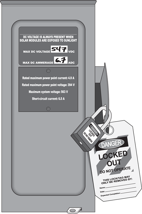Image of a locked and tagged DC disconnect with a lock, and a tag attached to the lock letting people know that the system shouldn’t be turned on and provides the contact information of the person to be contacted.