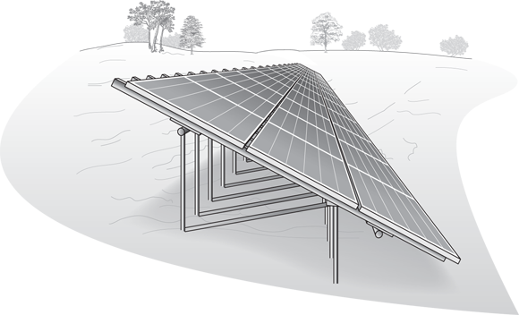 Image of a ground-mounted tracking PV system, identical to tilt-up racking system, that is mounted using either concrete-encased poles or ground screws.