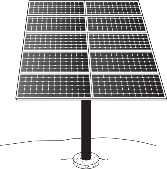 Image of a typical top-of-pole racking PV system with arrays mounted on top of a pole fixed at a single spot in the ground.