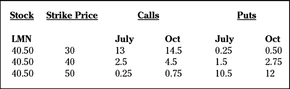 Tabular chart displaying the price of the stock trading, the strike price, and premiums for the calls and puts options, and the expiration months.