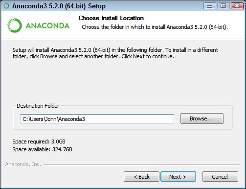 Screenshot of the Anaconda setup page to choose an installation location folder to install the Anaconda.