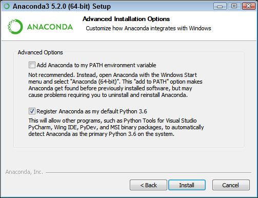 Screenshot of the Anaconda setup page to customize the advanced installation process to add Anaconda to the PATH environment variable.