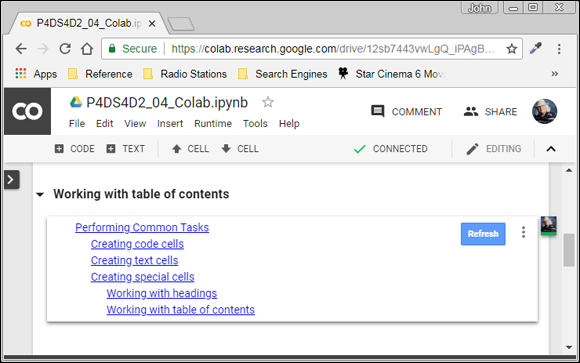Screenshot of a dialog box displaying the Colab page for adding a table of contents to the notebook which makes the information more accessible.