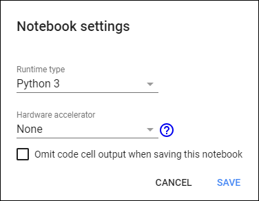 Screenshot of a dialog box of Notebook settings that lets the user choose the Python runtime to speed up code execution.