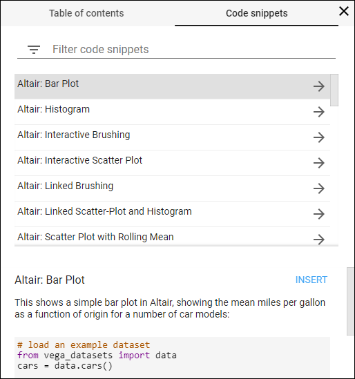 Screenshot of the Table of contents page enabling to use filter code snippets to write applications more quickly.