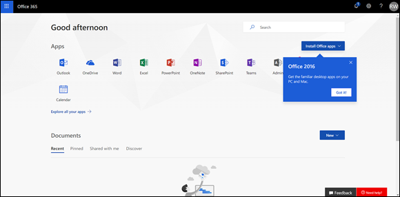 Screenshot of the main Office 365 landing page displaying the various Microsoft icons.