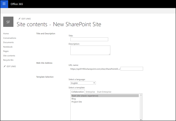 Screenshot of the Office 365 dialog box that is used to select a website template when creating a New SharePoint site.