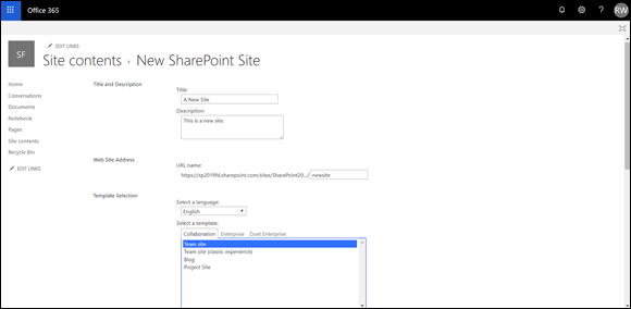 Screenshot of the Office 365 dialog box for choosing a template on the New SharePoint Site screen.
