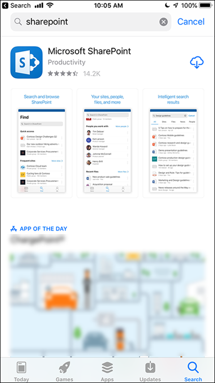 Screenshot of the Microsoft SharePoint app in the Apple App Store to install the SharePoint Mobile App in an Android phone.