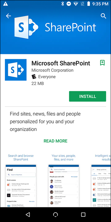 Screenshot for searching the Microsoft SharePoint app in the Google Play store to install the SharePoint Mobile App in an Android phone.