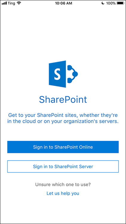 Screenshot displaying the sign-in screen of the SharePoint Online Mobile App to sign in to the organization's server.