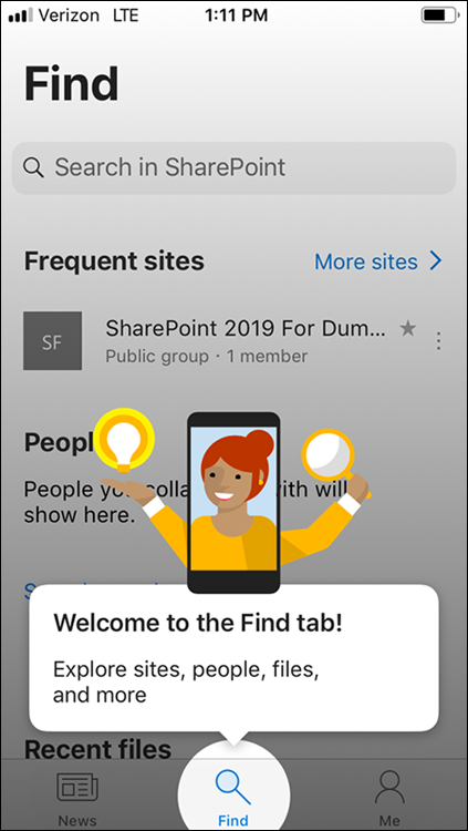 Screenshot displaying the initial screen after signing into the SharePoint Mobile App for the first time to explore sites, people, files, and more.