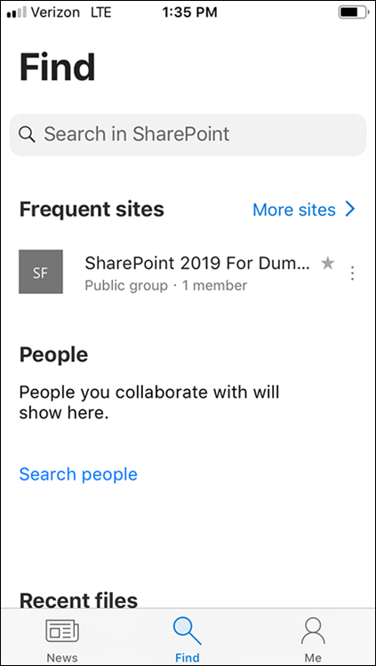 Screenshot of the SharePoint site displaying the Frequent sites section of the Find screen.