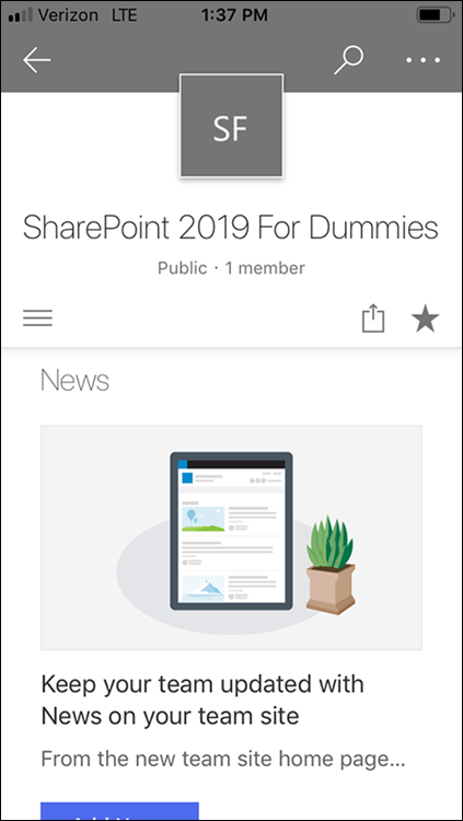 Screenshot of the SharePoint 2019 For Dummies site open in the mobile app displaying a section called News.