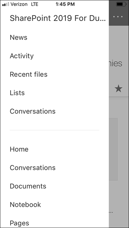 Screenshot displaying the navigation menu on the SharePoint Mobile App for Dummies.