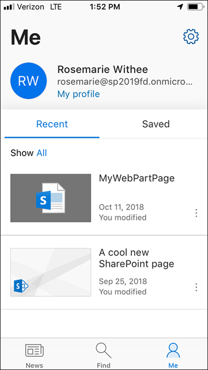 Screenshot of the Me tab on the SharePoint Mobile App displaying the user's profile and a listing of all recent and saved content.