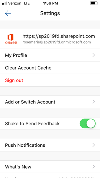 Screenshot of the Settings screen of the SharePoint Mobile App to edit a profile, clear an account cache, switch the account used, sign out, send feedback, and toggle push applications.