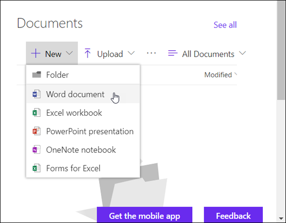 Screenshot of the Documents page for adding a new document to a SharePoint Team Site, by clicking the New link in the Documents header.