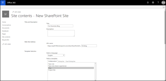 “Screenshot of the New SharePoint Site screen to enter a title and description for the new site in the Title and Description section.”