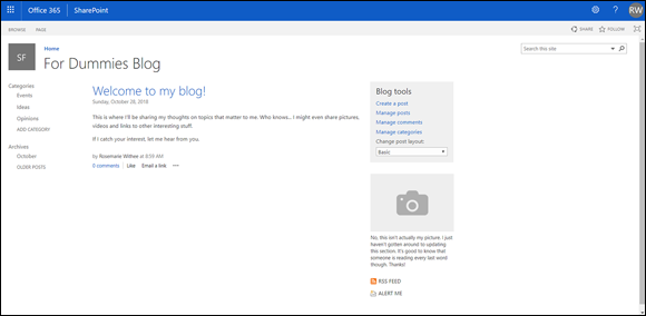 Screenshot of the SharePoint window displaying the new SharePoint site based on the Blog template for Dummies Blog.