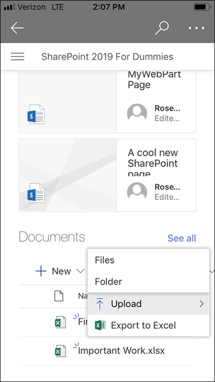 Screenshot depicting how to upload a document into the Documents Library using the SharePoint Mobile App.