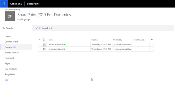 Screenshot of the SharePoint window for updating document properties using Quick Edit.