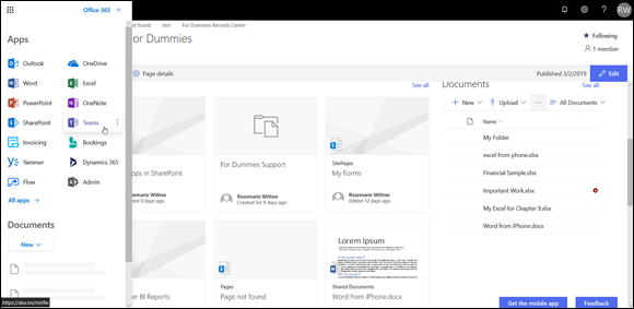 Screenshot of the Office 365 window displaying the Microsoft Teams app on the App menu, to start a trial subscription.