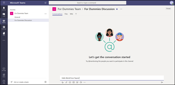 Screenshot of the Microsoft Teams page displaying the basic layout providing channels on the left side of the screen to get started using the web app.