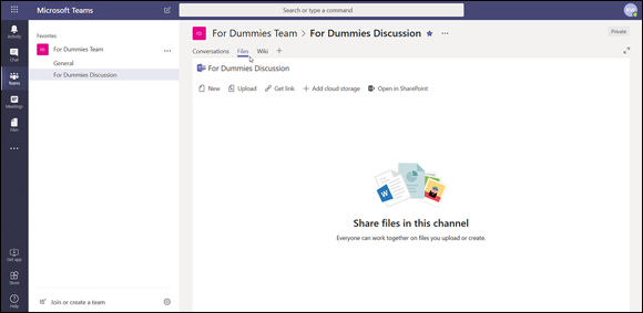 Screenshot of the Files tab in a Microsoft Teams channel to upload files to the channel in the SharePoint site by selecting the Open in SharePoint link.