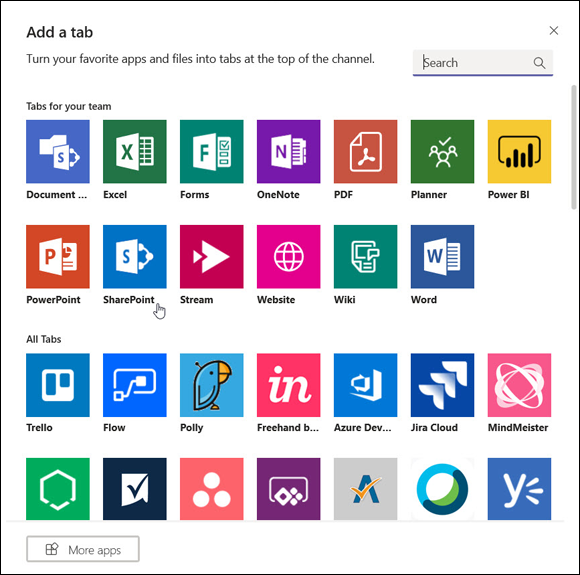 Screenshot of the Add a Tab dialog box displaying a series of favourite apps to add a new tab to the Teams channel.
