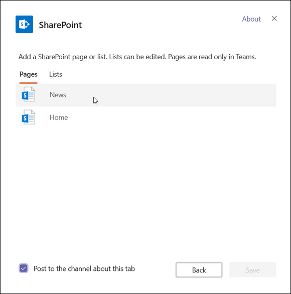Screenshot displaying the SharePoint dialog box enabling to select a SharePoint-based content for a new tab on a Teams channel.