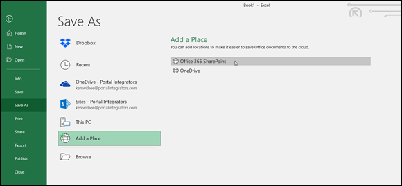 Screenshot of an Excel page for choosing Office 365 SharePoint as a new cloud location to be added, by selecting Add a Place from the Save As menu.