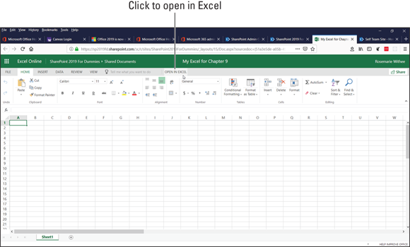 Screenshot of an Excel worksheet that has been opened directly from SharePoint, displaying empty cells.