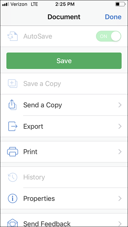 Screenshot displaying the Save button in the Word app on an iPhone, to create a new blank document.