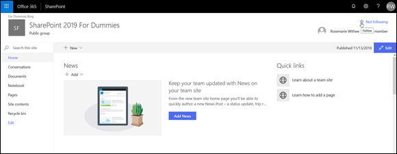 Screenshot of the SharePoint site to receive updates by clicking the star icon to follow the site.